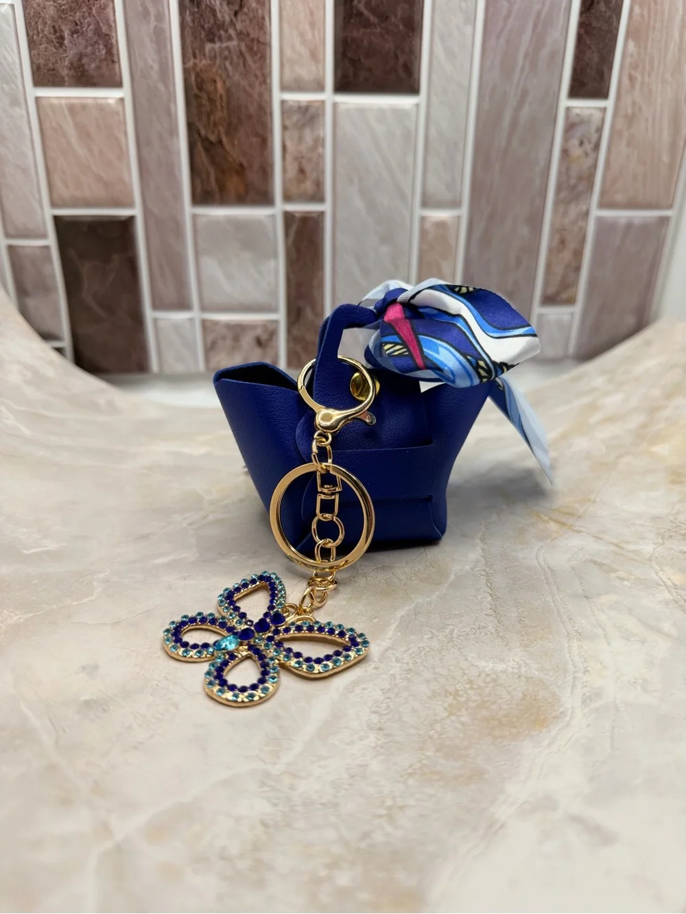 Blue Floral Scarf Keychain with Gold Flower Charm